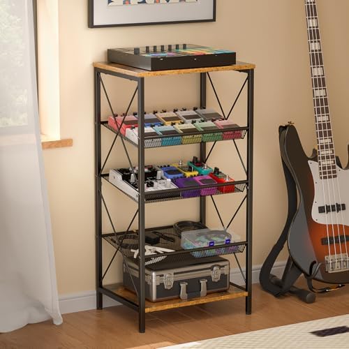 Guitar Pedal Organizer, 5 Tier Tuner Pedal Storage Shelf, Vintage Pedal Board Holder Stand, Freestanding Wooden Music Tuning Accessories Organization for Bass Guitar Ukulele Violin