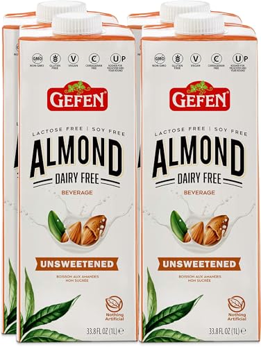 Gefen Unsweetened Almond Milk 33.8oz (4 Pack), Just 3 Ingredients, No Binders or Preservatives, Gluten Free, Vegan, Dairy Free, Soy Free, Non GMO, Kosher for Passover