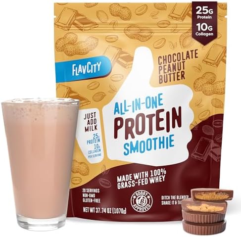 FlavCity Protein Powder Smoothie, Chocolate Peanut Butter - 100% Grass-Fed Whey Protein Smoothie with Collagen (25g of Protein) - Gluten Free & No Added Sugars (37.74 oz)