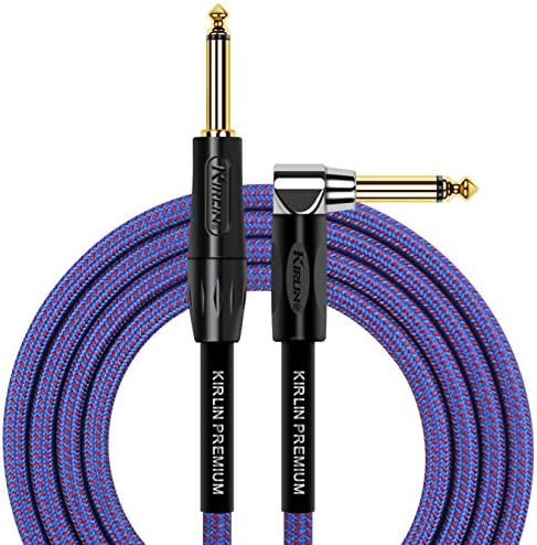Kirlin Cable IWB-202BFGL-20/RO -20 feet- Straight to Right Angle 1/4-Inch Plug Premium Plus Instrument Cable, Royal Blue Tweed Woven Jacket