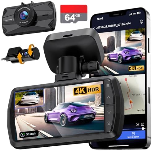 Dash Cam Front and Rear, Real 4K+1080P Dual Dash Cam, Built-in WiFi GPS, 3.3 Inch Eye-Care Screen, HDR Night Vision, 24H Parking Mode, 157°Wide Angle Dash Camera for Cars, Support 512GB Max