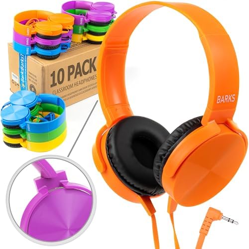 Barks Classroom Headphones (10 Pack, Mixed Colors) - On-Ear Premium Student Bulk Headphones: Perfect for Kids K-12, Schools & Class Sets (Colorful, Durable, Noise Reducing, Comfortable, Easy-to-Clean)