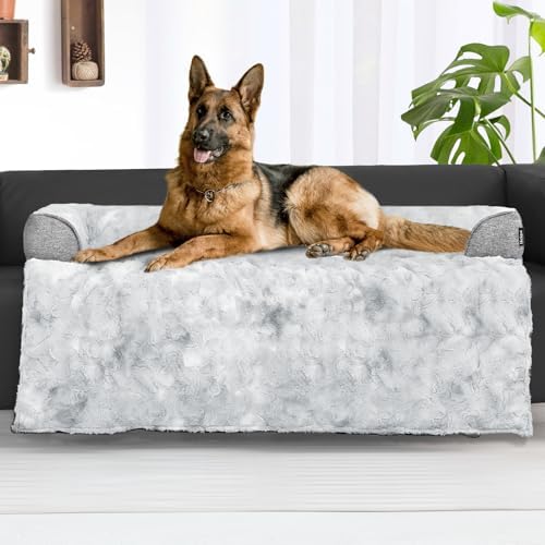Calming Extra Large Dog Couch Bed for Dogs, 45 x 37 inch Waterproof Removable Dog Mat Couch Cover for Furniture Protector, Non-Slip Fluffy Pelsbarn Dog Bed for Couch, Sofa, Car - Tie-Dry Grey