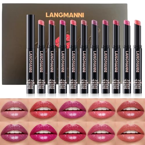 Jolilab 10Pcs Set Sparkling Lipstick Lip Gloss Long Lasting Waterproof Moisturizer Lip Balm Glitter Shimmer Metallic Lipstick, Diamond Shiny Bold Glow Goth Lipstick for Women Girls,Non-sticky(#A)