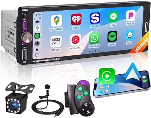 6.9" Single DIN Car Radio with Wireless Apple CarPlay, Car Bluetooth 5.2, AM FM Radio, IPS Touchscreen 1280x480, Backup Camera, Type-C Fast Charging, USB, 180W Subwoofer, Android Auto, GPS Navigation