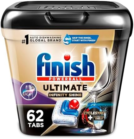Finish Ultimate Plus Infinity Shine Dishwasher Pods, No Pre-Rinse Dishwasher Detergent Tabs with Protector Shield & CycleSync Technology, Removes Burnt-On Stains, Degreases, Scrubbing Power, 62 Count