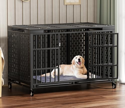54/48/42/38 Inch Heavy Duty Dog Crate with Wheels, Folding Metal Big Dog Cage for Large and Medium Dogs, Extra Large XL XXL Indestructible Dog Crate with Removable Tray.