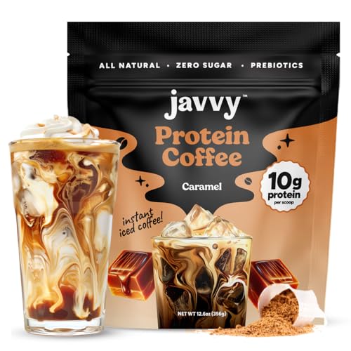 Javvy Caramel Protein Coffee - Premium Whey Protein & Instant Iced Coffee - 100% Arabica Coffee - Zero Artificial Flavors & Sweeteners, 20 Servings