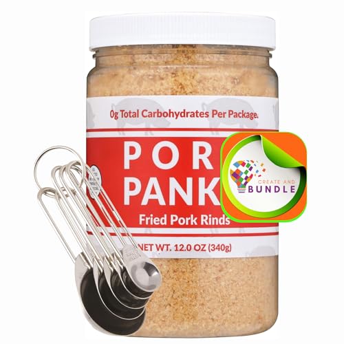Pork Panko - 0 Carb Pork Rind Bread Crumbs - Keto and Paleo Friendly, Naturally Gluten-Free and Carb-Free (12oz Jar) + Set of 5 Stainless Steel Measuring Spoons CreateAndBundle