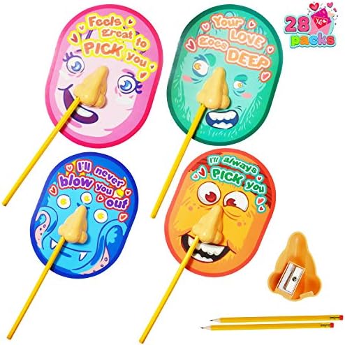 JOYIN 28 pcs I Pick Your Nose Pencil and Sharpener with Valentines Greeting Cards for Kids Party Favor, Classroom Exchange Prizes