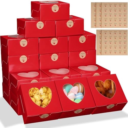 Janlaugh 100 Pcs Valentine's Day Red Bakery Boxes Heart Cupcake Treat Cookie Dessert Box with Window Bulk Gift Box with Stickers for Chocolate Strawberries Donuts Candy Party Favor (5x5x2.5 Inch)