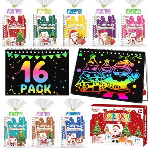 FEREDO KIDS Party Favors for Kids: 16 Pack Christmas Rainbow Scratch Art Notebook Classroom School Supplies Bulk for Girls Boys Goodie Bags Stuffers, Return Gifts for Birthday Party Gift Kid Crafts