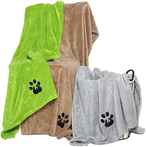 Extra Large Dog Towels for Drying Dogs - Pack of 3 - Super Absorbent Soft Microfiber Pet Bath Grooming Towel for Dogs Cats and Other Pets (XL-55" * 36", Green and Brown and Gray)