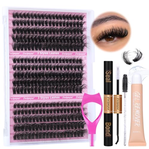 Fluffy Eyelash Extension Kit Thick Lash Extension Kit Lash Clusters Individual Eyelashes Kit with Lash Bond and Seal, Lash Remover, Mascara Shield DIY Eyelash Extension Kit for Beginner by Focipeysa