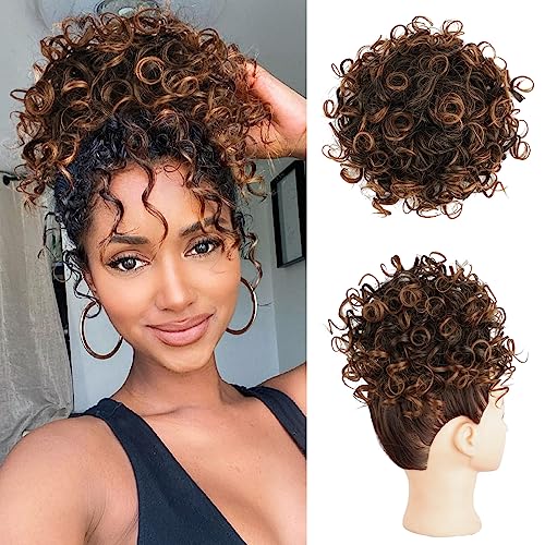 Lommel Messy Bun Hair Piece Short Curly Ponytail Extension Elastic Drawstring Loose Wave Curly Hair Buns Hair Piece Synthetic Hair Extensions Hair Bun for Women Daily Use(Black to Auburn Brown)