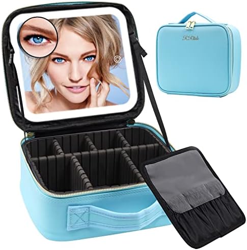 Travel Makeup Bag with Large Lighted Mirror, 3 Color Scenarios Lighted Makeup Organizer Case with Adjustable Dividers and Brush Board, Cosmetic Make up Storage Case for Women