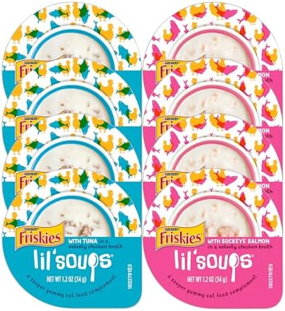 Purina Friskies Lil’ Soups Wet Cat Food Complements Variety Pack Tuna + Salmon, 1.2 Ounce (Pack of 8)
