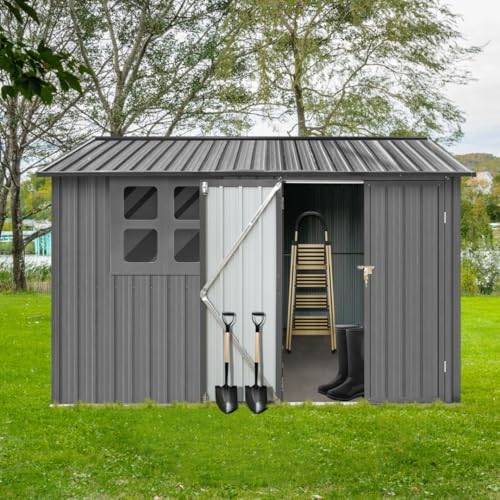 8x6 FT Metal Outdoor Storage Shed, Weather Resistant Tool Shed with Lockable Door, Vents & Window, Organization for Home/Backyard/Garden Tools/Lawn Mower/Bike Storage, Grey