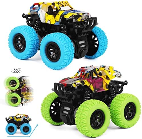 M SANMERSEN Monster Truck Toys for Ages 2-4, Friction Cars for Toddlers 1-3 Push and Go 360° Rotating Stunt Car for 2+ Year Old Boys Girls Gifts (2 Pack - Blue and Green)