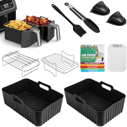 HOMELYLIFE Air Fryer Accessories, Silicone Air Fryer Liners for Ninja DZ201/ DZ401 8-10 QT Dual Air Fryer, 10 Pcs Dual Air Fryer Accessories for Ninja foodi, Cheat Sheet Magnets Cooking Guide Booklet
