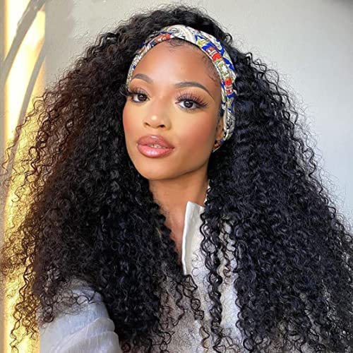 Headband Wig Human Hair Deep Wave 22 Inches Headband wigs Curly Human Hair Wigs for Women Glueless None Lace Front Wig Machine Made 150% Density Natural Color (22inch)