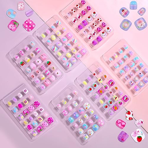 168Pcs Kids Press on Nails for Little Girls, Shynek Children Square Fake Nails for Kids Pre Glue Stickers Nails Full Cover Short Acrylic Nails Set Gifts for Girls Nail Art Decoration