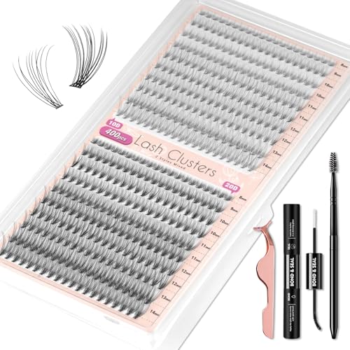 10D+20D Lash Clusters, 400PCS Lash Extension Kit Wispy Mink Individual Lashes 8-14mm Soft Cluster Lashes Natural Cluster Eyelash Extension Kit With Lash Bond and Seal Tweezers(10D+20D)