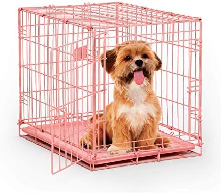 MidWest Homes for Pets Single Door iCrate 24" Pink Folding Metal Dog Crate w/ Divider Panel, Floor Protecting "Roller" Feet & Leak Proof Plastic Tray; 24L x 18W x 19H Inches, Small Dog Breed