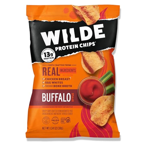 WILDE Buffalo Protein Chips, Thin and Crispy, High Protein, Keto Friendly, Made with Real Ingredients, 1.34oz Bags (Pack of 8)