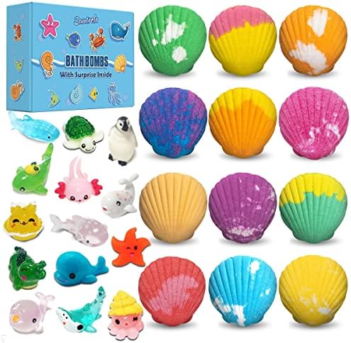 Bath Bombs for Kids with Surprise Toys Inside, 12 Pack Shell Kids Bath Bombs Gift Set for Girls Boys Birthday, Christmas, Halloween, Handmade Organic Bath Fizzy Bomb with Sea Animal for Children
