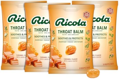 Ricola Throat Balm Caramel Throat Drops with Liquid Center, 34 Count (Pack of 4) Coat & Protect Your Throat, Daily Throat Relief & Protection, Oral Demulcent