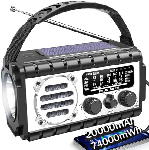 Emergency Radio, 20000mAh/74000mWh Weather Radio, Solar Hand Crank Radio with AM/FM/NOAA/SW Weather Alert,Flashlight & Reading Lamp, SOS Alarm, Phone Charger for Indoor Outdoor Emergency