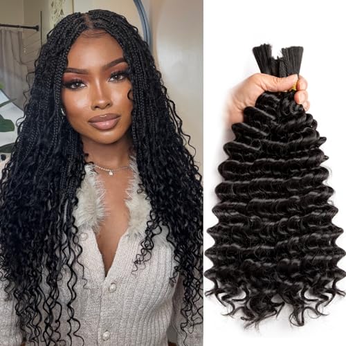 200g Curly Braiding Hair for Boho Braids 18 Inch Deep Wave Bulk No Weft Wet and Wavy Crochet Hair for Women Knotless Braiding Hair Extensions 4 Packs Natural Black