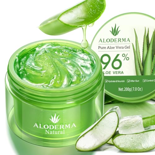 Aloderma Organic Aloe Vera Gel for Face & Body, 96% Pure Aloe Gel Made within 12 Hours of Harvest, Ideal for Skin, Scalp, & Hair Hydration, Calming Moisturizer for Soothing After Sun Care Relief, 7oz