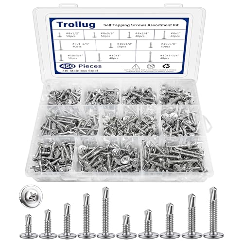 450PCS Self Tapping Screws for Metal, 410 Stainless Steel Self Drilling Screws #8#10 Truss Head Sheet Metal Screws Assortment Kits, Length 1/2"" to 1-1/4'' (Silver)
