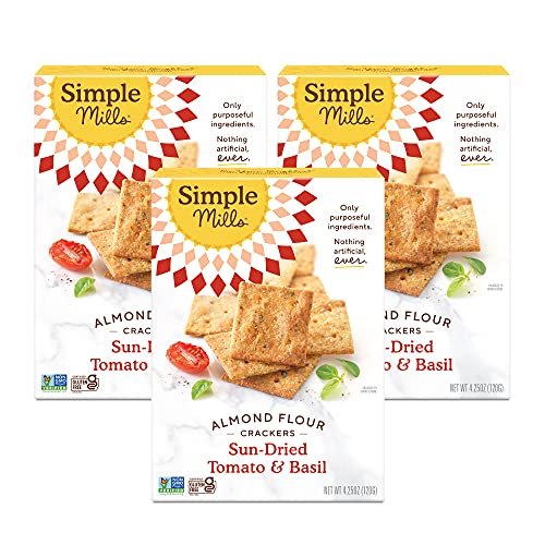 Simple Mills Almond Flour Crackers, Sundried Tomato & Basil - Gluten Free, Vegan, Healthy Snacks, Plant Based, 4.25 Ounce (Pack of 3)