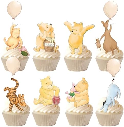 48 Pcs Winnie Cupcake Toppers Classic Pooh Baby Shower Decorations Cute Cake Decorations Oh Baby Newborn Party Favors Boys and Girls First Birthday Supplies
