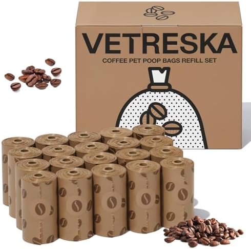 VETRESKA Dog Poop Bags, Coffee Scented Waste Bags, Leak Proof, Extra Thick and Large Dog Pet Bags for Dogs and Cats - 300 Count Bags (20 Refill Rolls)