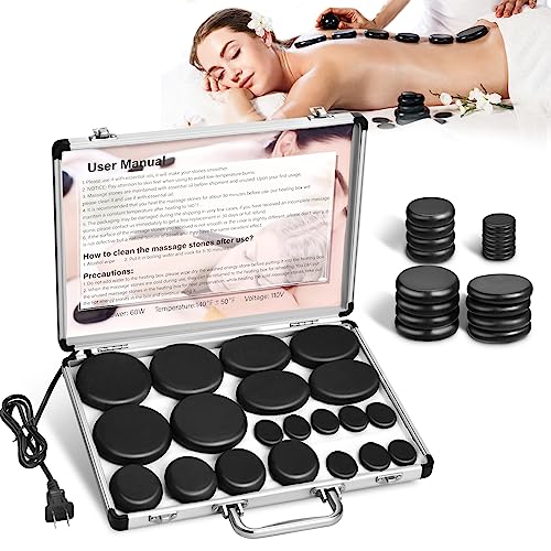 Granpay 20 Hot Stones for Massage with Warmer, Hot Stones Massage Set with Warmer Kit Basalt Hot Rocks Massage Stone for Spa Warming Therapy Pain Relie