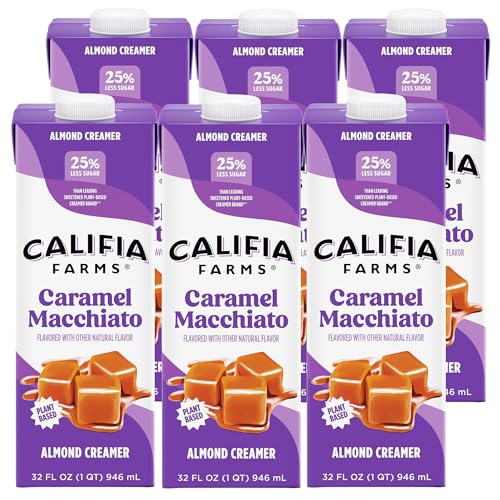 Califia Farms - Caramel Macchiato Almond Milk Coffee Creamer, 32 Fl Oz (Pack of 6), Shelf Stable, Dairy Free, Plant Based, Vegan, Gluten Free, Non GMO, Almond Creamer