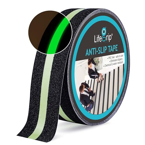 Anti Slip Traction Tape with Glow in Dark Green Stripe, 2 Inch x 60 Foot - Best Grip, Friction, Abrasive Adhesive for Stairs, Tread Step, Indoor, Outdoor, Black (2 inch X 60 feet Tape)