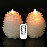 Wondise Pine Cone Flameless Flickering Candles with Remote and Timer, Set of 2 Battery Operated LED Candles Real Wax Christmas Home Decoration Candle(3.5 x 4.7 Inches, White)