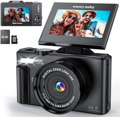4K Digital Camera for Photography, WiFi 64MP UHD Vlogging Camera with 18X Digital Zoom, Super Wide-Angle Lens, 3" 180° Flip Screen, 32GB SD Card, Black