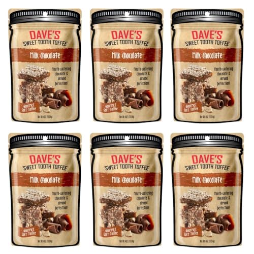 Dave's Sweet Tooth Toffee - Milk Chocolate Toffee - Handmade & Homemade Gourmet Soft Toffee with Real Butter, Real Sugar and Hand-Sliced Almonds, Naturally Gluten-Free - 6 Packs