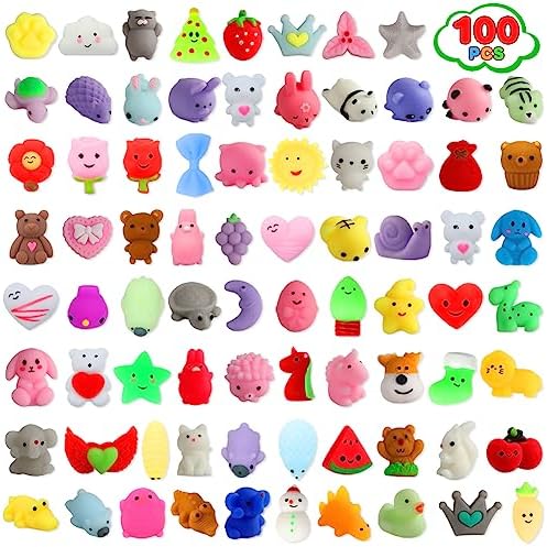 100 Pack Squishies Toys, Tiny Mochi Squishy Fidget Toys Random Bulk Party Favors for Kids 4- 8 8-12 Goodie Bag Pinata Stocking Stuffers Classroom Prizes Treasure Box Egg Fillers Girls