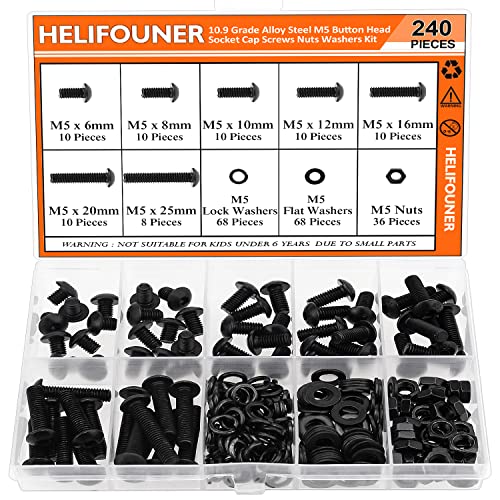 240 Pieces M5 x 6mm /8mm /10mm /12mm /16mm /20mm /25mm, Button Head Socket Cap Screws Bolts Washers Nuts Kit, 10.9 Grade Alloy Steel, Full Threaded, Black