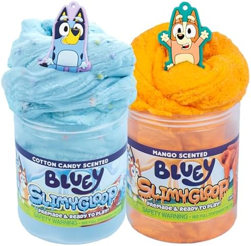 Bluey SLIMYLGOOP, 2 Pack, Pre-Made Slimes, Ready to Play Scented Bluey Cloud Slimes, Includes Rubber Bluey Charm & Bingo Charm