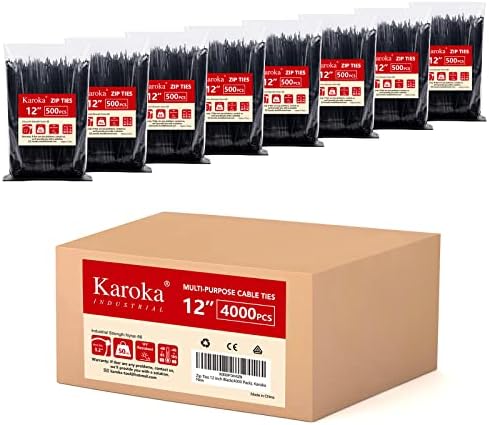 Zip Ties 12 inch (4000 Pack), Black, 50lbs Tensile Strength, UV Resistant Cable Ties for indoor and outdoor by Karoka