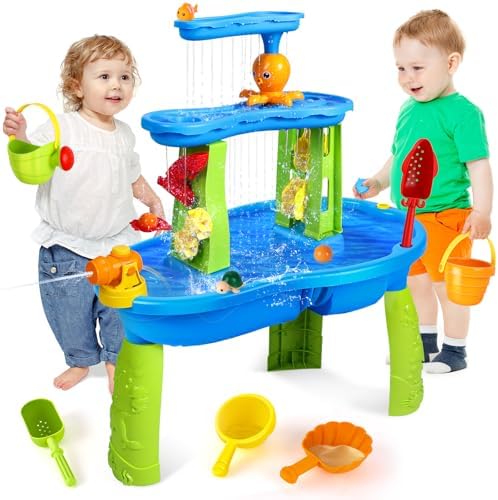 SUPER JOY Water Table for Toddlers 3-5 | 3-Tier Kids Water Table for Outdoors Play | Kids Activity Table Toddler Sand Table with Rain Showers Splash Pond for Boys Girls 3 4 5 6 7 8