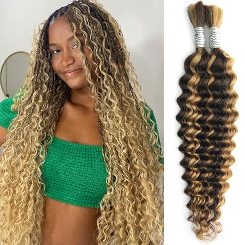 Human Braiding Hair - 22 Inch Blonde Deep Wave Bulk Hair for Braiding Boho & Micro Bohemian Braids - 100g